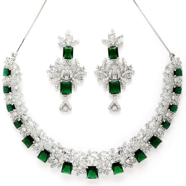 Silver Tone Green American Diamond Necklace Set for Women