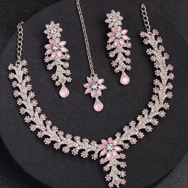Diamonds Studded Floral Choker Necklace with Danlge Earrings Maangtikka Jewellery Set for Women & Girls