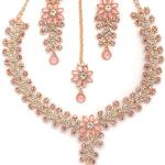 Diamonds Studded Floral Choker Necklace with Danlge Earrings Maangtikka Jewellery Set for Women & Girls