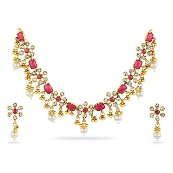 Gold Plated Ruby/Emerald Studded & White Pearl/CZ Beaded Necklace Set for Women & Girls – Festive & Wedding