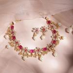 Gold Plated Ruby/Emerald Studded & White Pearl/CZ Beaded Necklace Set for Women & Girls – Festive & Wedding