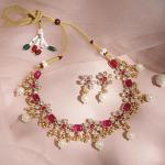 Gold Plated Ruby/Emerald Studded & White Pearl/CZ Beaded Necklace Set for Women & Girls – Festive & Wedding
