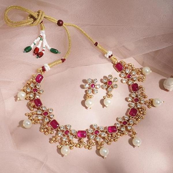 Gold Plated Ruby/Emerald Studded & White Pearl/CZ Beaded Necklace Set for Women & Girls – Festive & Wedding