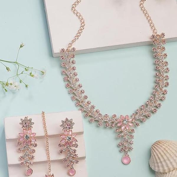 Diamonds Studded Floral Choker Necklace with Danlge Earrings Maangtikka Jewellery Set for Women & Girls